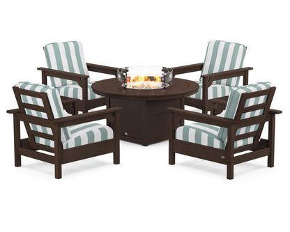 POLYWOOD® Club 5-Piece Conversation Set with Fire Pit Table in Mahogany / Cabana Stripe Glacier Spa