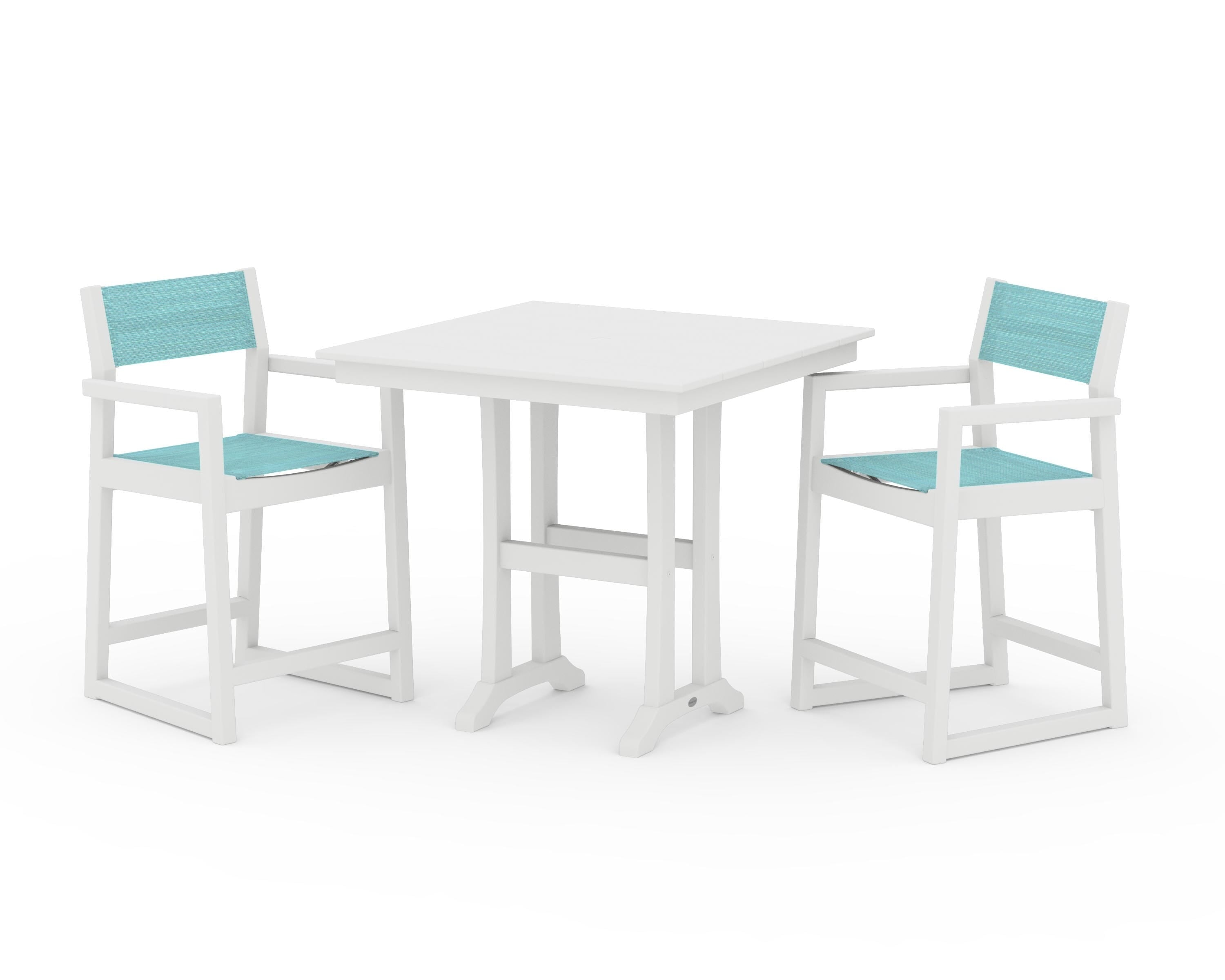 POLYWOOD® EDGE Sling Arm Chair 3-Piece Farmhouse Counter Set with Trestle Legs in White / Dupioni Aquamarine Sling