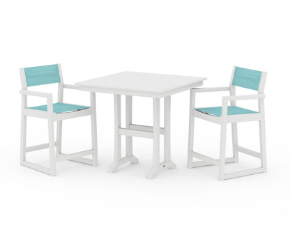 POLYWOOD® EDGE Sling Arm Chair 3-Piece Farmhouse Counter Set with Trestle Legs in White / Dupioni Aquamarine Sling
