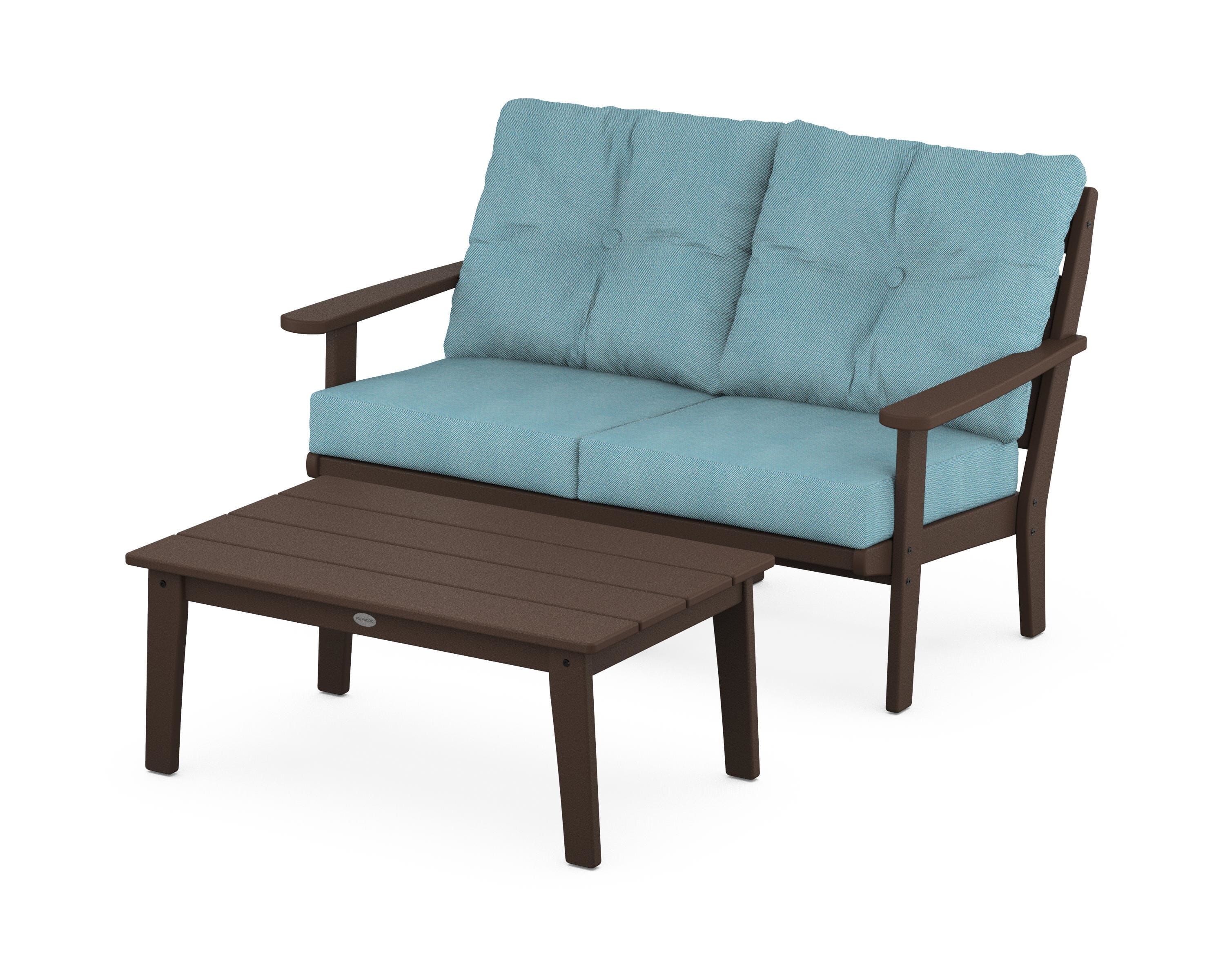 POLYWOOD® Lakeside 2-Piece Lounge Loveseat Set in Mahogany / Lattice Sky Blue