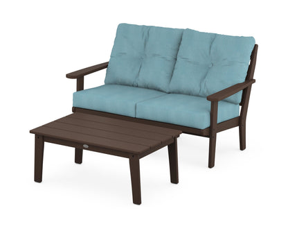 POLYWOOD® Lakeside 2-Piece Lounge Loveseat Set in Mahogany / Lattice Sky Blue