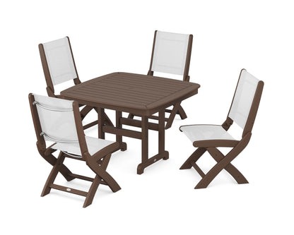 POLYWOOD® Coastal Folding Side Chair 5-Piece Dining Set in Mahogany / White Sling