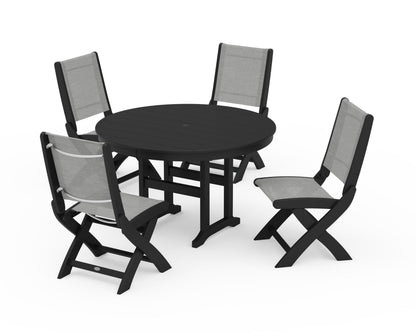 POLYWOOD® Coastal Folding Side Chair 5-Piece Round Dining Set in Black / Metallic Sling
