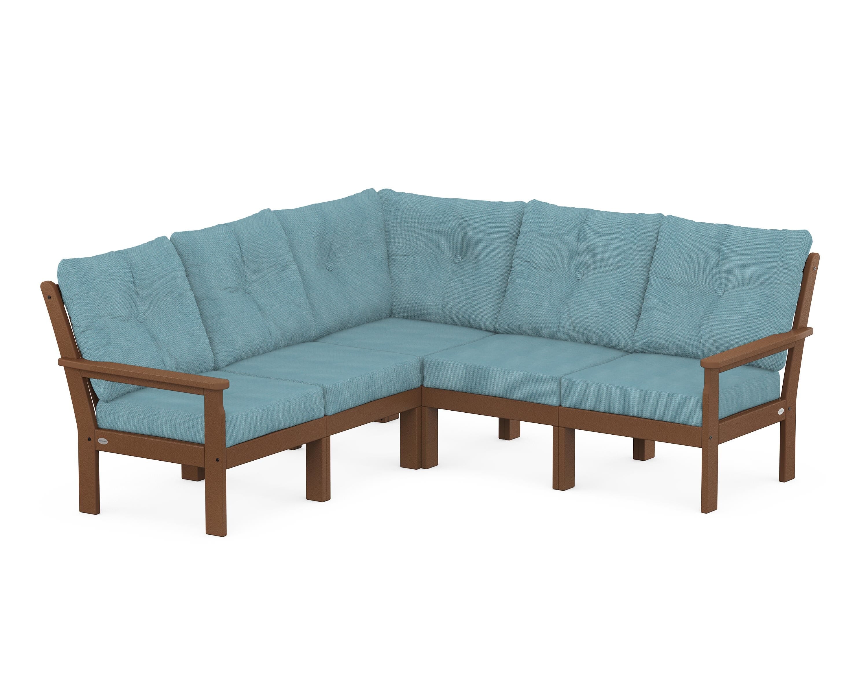 POLYWOOD® Vineyard 5-Piece Sectional in Teak / Lattice Sky Blue
