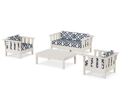 Martha Stewart by POLYWOOD® Acadia 4-Piece Deep Seating Set with Loveseat in Sand / Trellis Marine Indigo