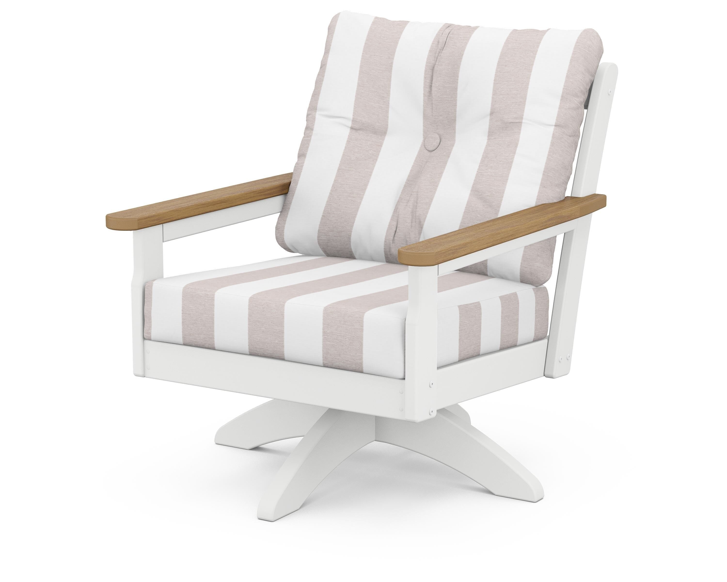 POLYWOOD® Vineyard Deep Seating Swivel Chair in White / Natural / Cabana Stripe Dune Burlap