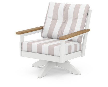 POLYWOOD® Vineyard Deep Seating Swivel Chair in White / Natural / Cabana Stripe Dune Burlap