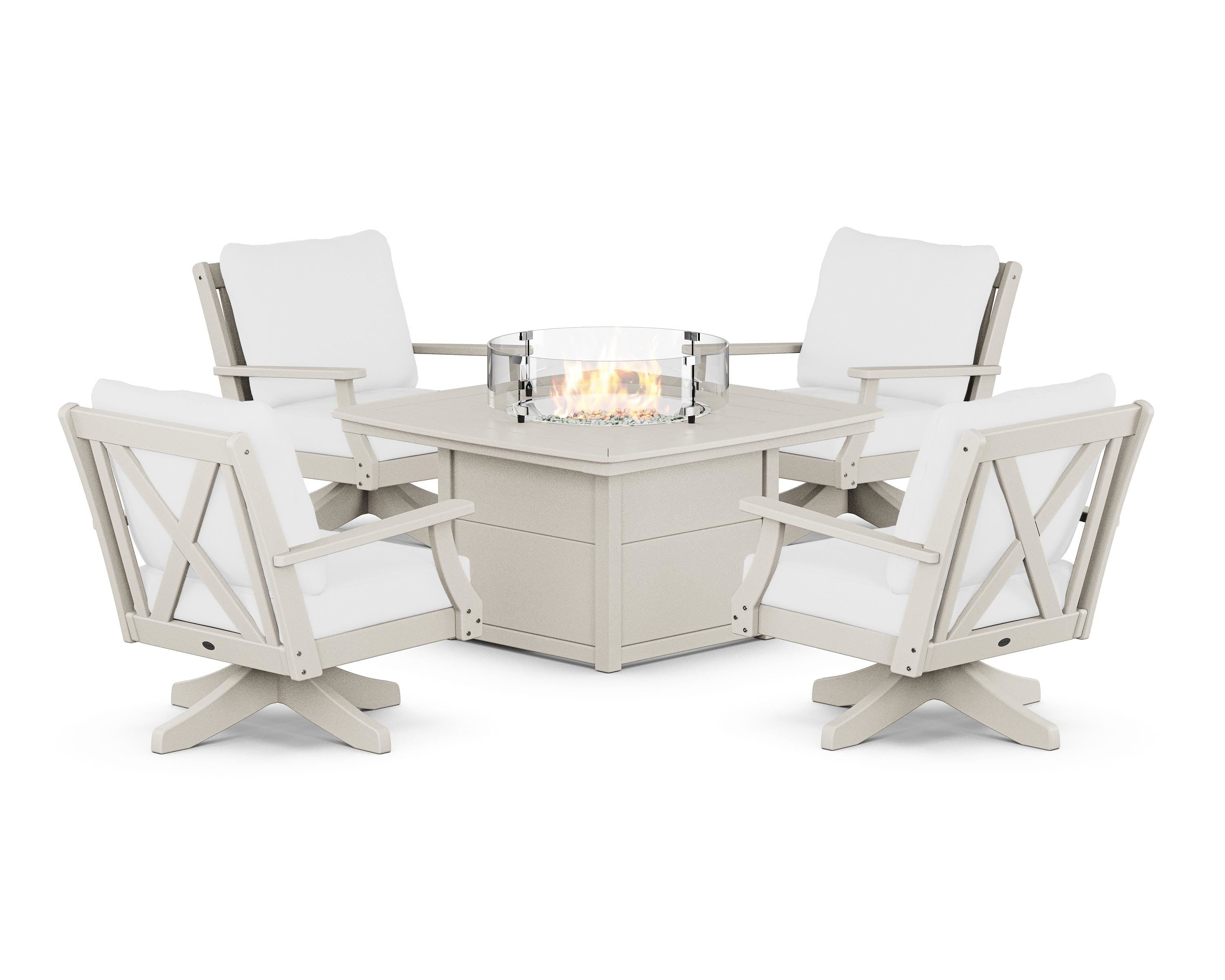 POLYWOOD® Braxton 5-Piece Deep Seating Swivel Conversation Set with Fire Pit Table in Sand / Natural