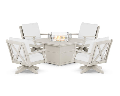 POLYWOOD® Braxton 5-Piece Deep Seating Swivel Conversation Set with Fire Pit Table in Sand / Natural