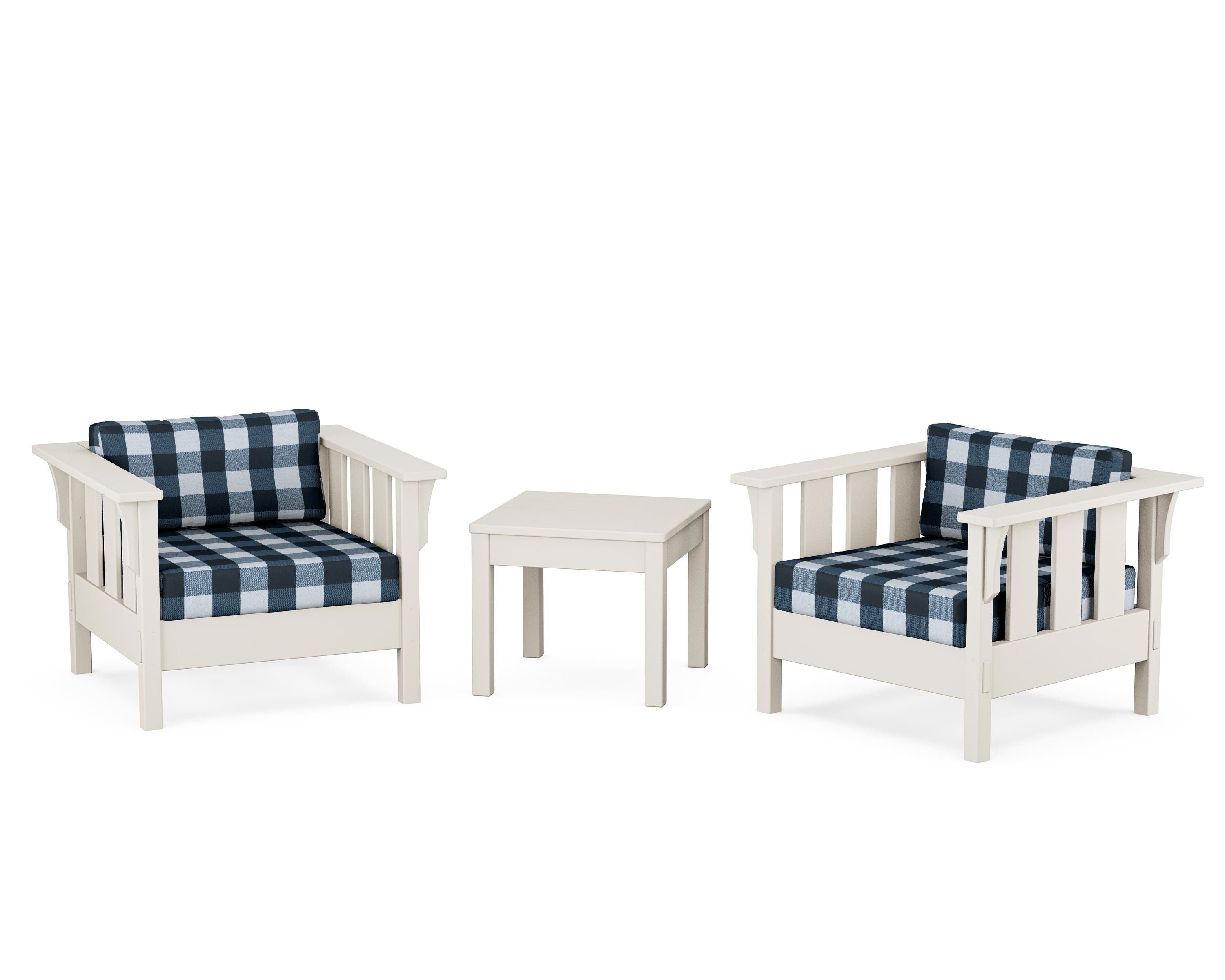 Martha Stewart by POLYWOOD® Acadia 3-Piece Deep Seating Set in Sand / Buffalo Plaid Marine Indigo