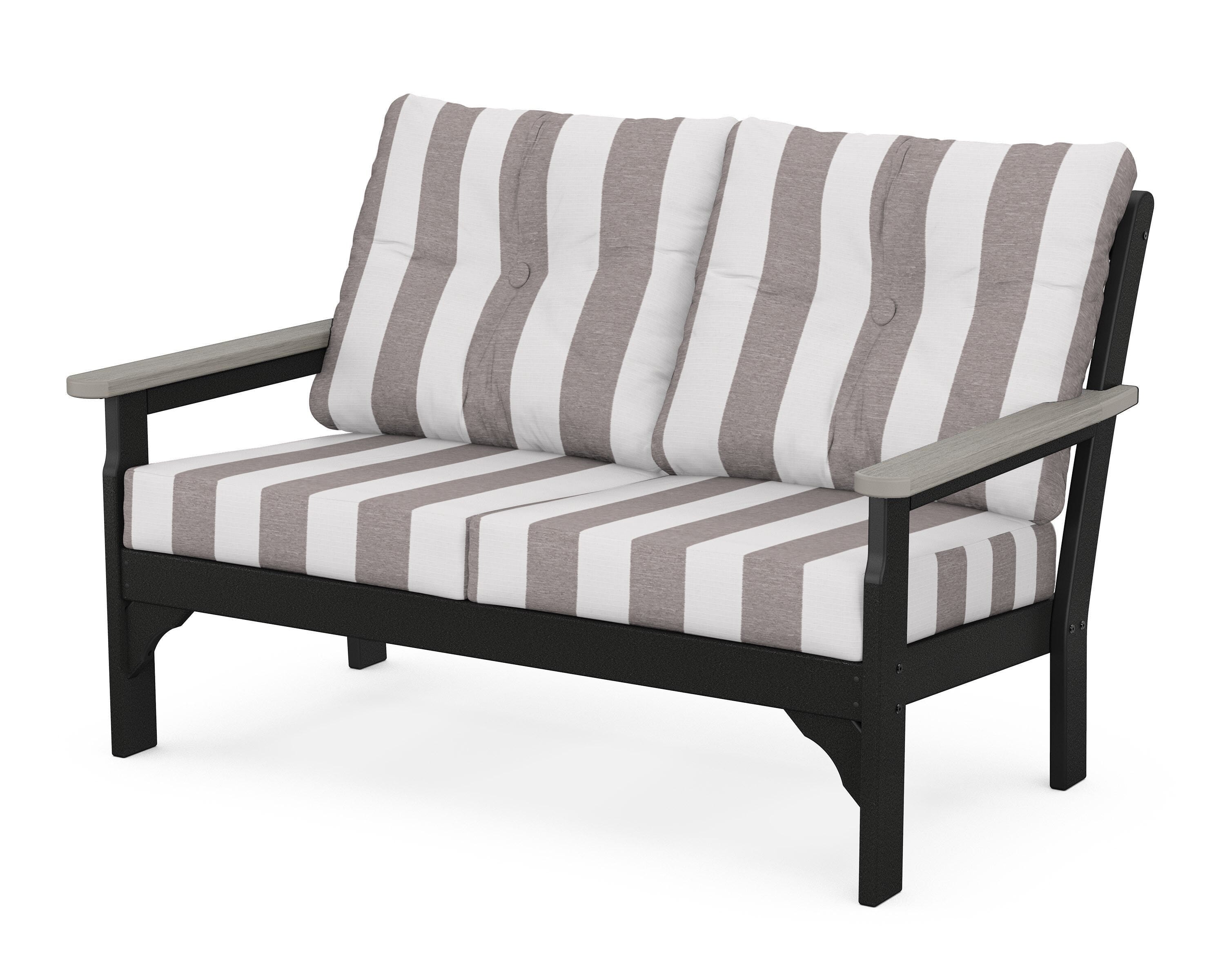 POLYWOOD® Vineyard Deep Seating Loveseat in Black / Driftwood / Cabana Stripe Grey Mist