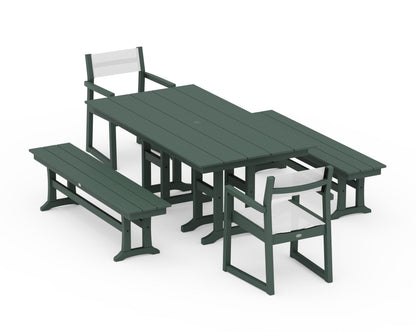 POLYWOOD® EDGE Sling Arm Chair 5-Piece Farmhouse Dining Set with Benches in Green / White Sling