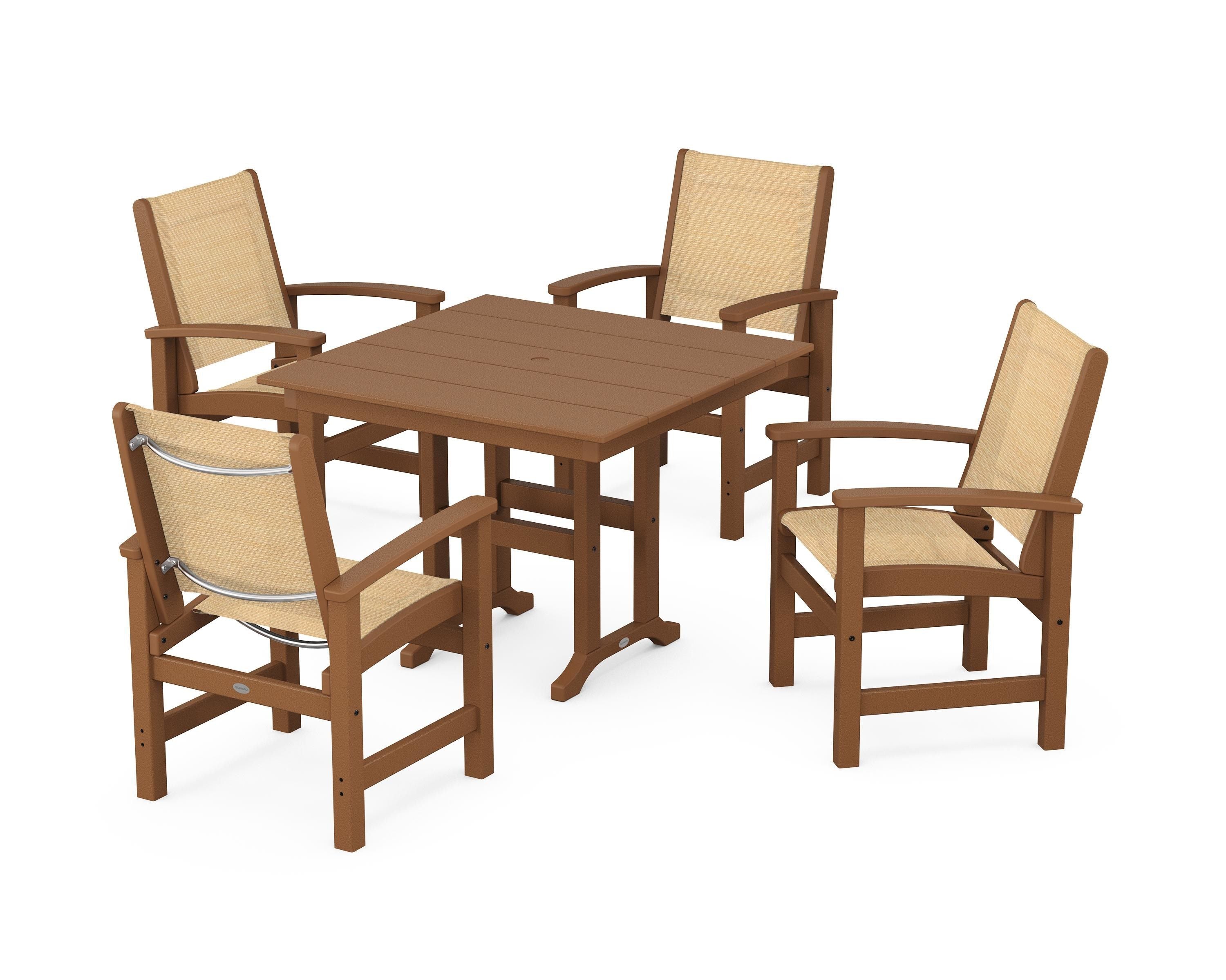 POLYWOOD® Coastal 5-Piece Farmhouse Dining Set in Teak / Dupioni Apricot Sling