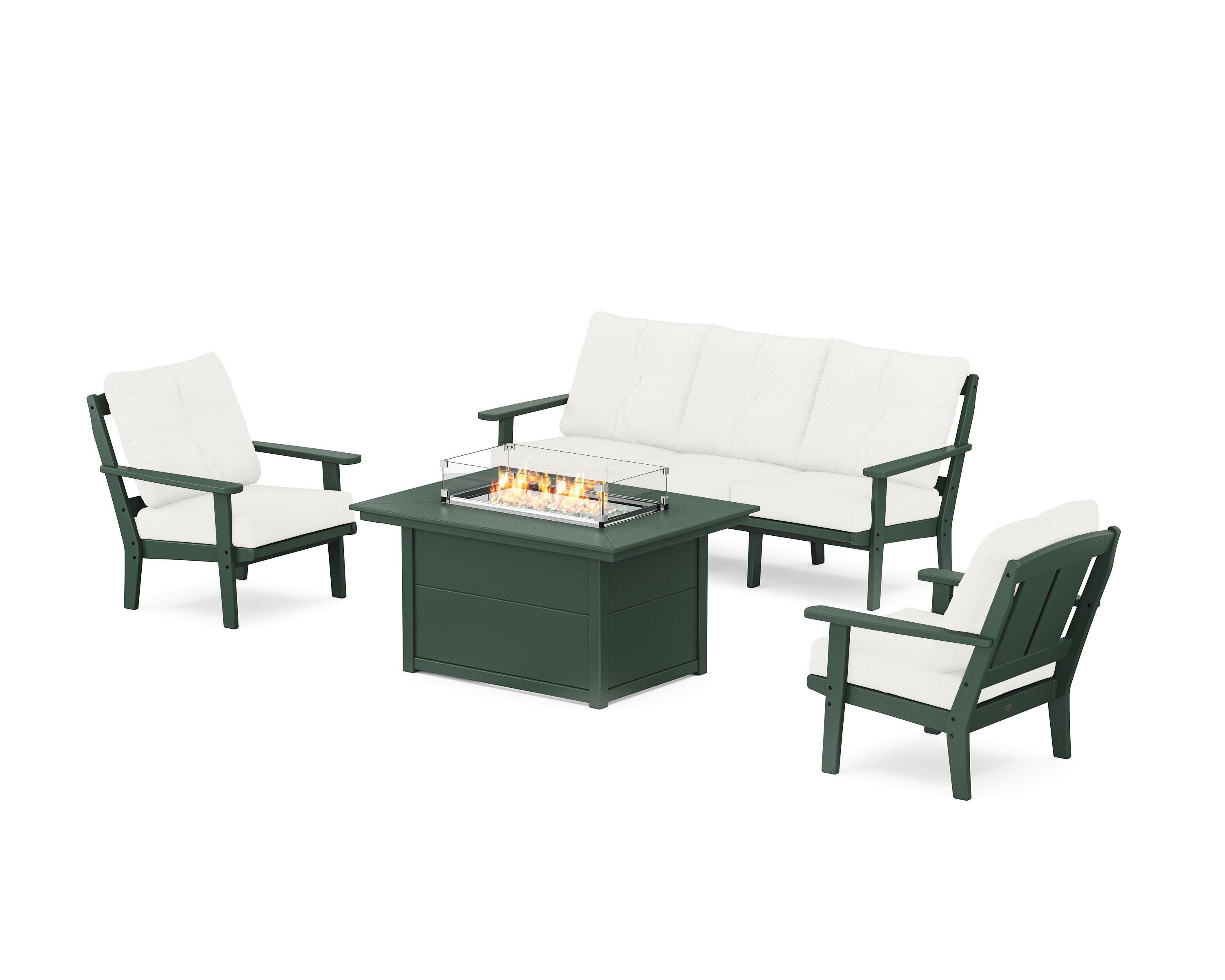 POLYWOOD® Mission Deep Seating Fire Pit Table Set in Green / Natural Linen