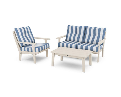 POLYWOOD® Lakeside 3-Piece Deep Seating Set in Sand / Cabana Stripe Sky Blue