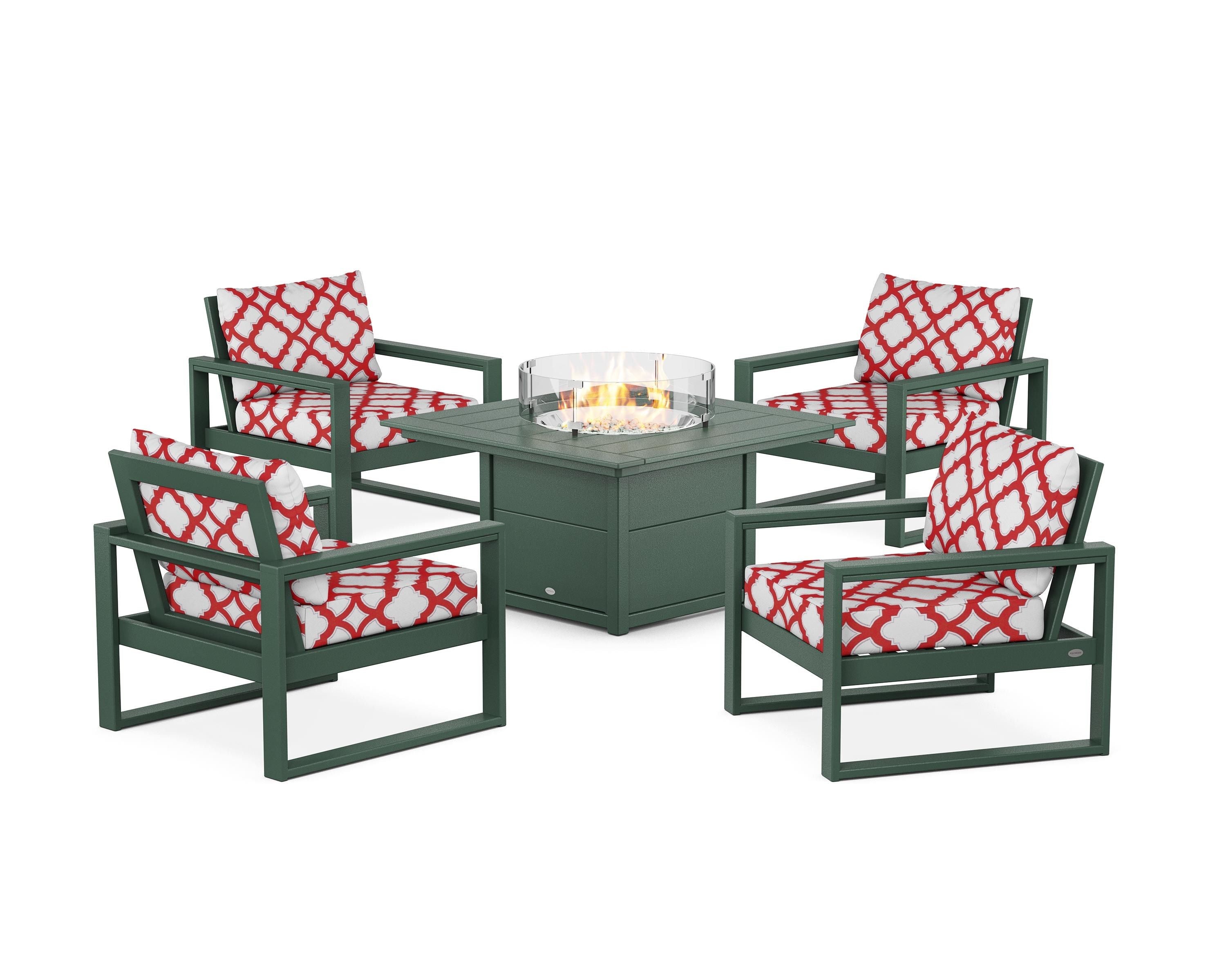 POLYWOOD® EDGE Sectional 5-Piece Deep Seating Set with Fire Pit Table in Green / Trellis Crimson