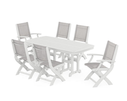 POLYWOOD® Coastal Folding Chair 7-Piece Dining Set in White / Parchment Sling