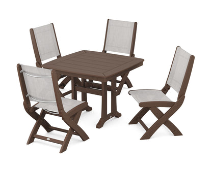 POLYWOOD® Coastal Folding Side Chair 5-Piece Dining Set with Trestle Legs in Mahogany / Parchment Sling