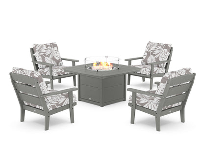 POLYWOOD® Lakeside 5-Piece Deep Seating Set with Nautical Fire Pit Table in Slate Grey / Leaf Grey Mist