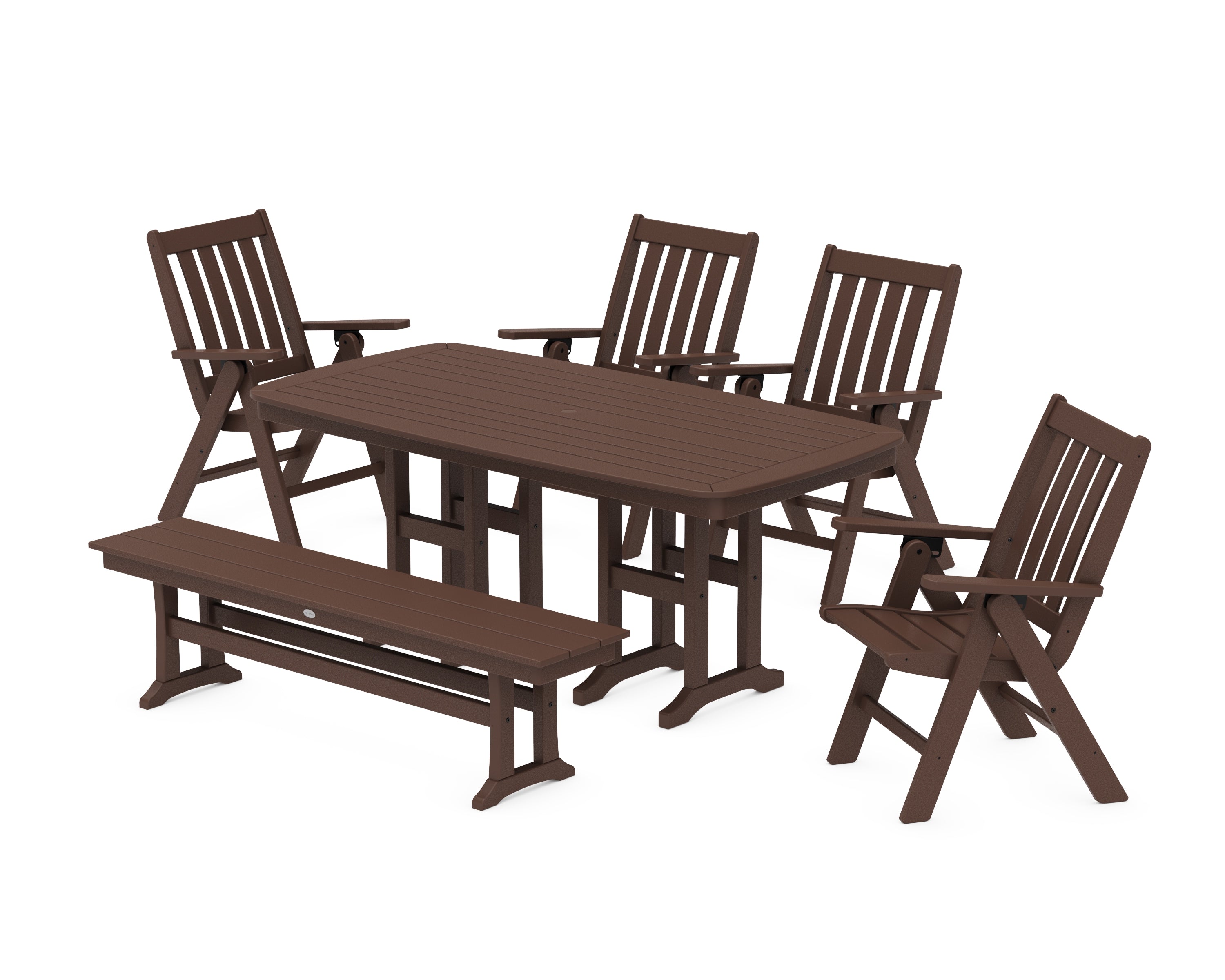 POLYWOOD® Vineyard Folding Chair 6-Piece Dining Set with Bench in Mahogany