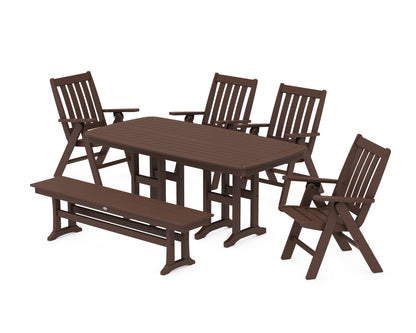POLYWOOD® Vineyard Folding Chair 6-Piece Dining Set with Bench in Mahogany