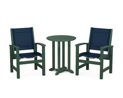 POLYWOOD® Coastal 3-Piece Round Bistro Dining Set in Green / Navy Blue Sling