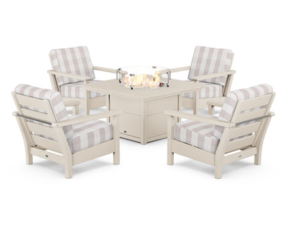 POLYWOOD® Harbour 5-Piece Conversation Set with Fire Pit Table in Sand / Buffalo Plaid Dune Burlap