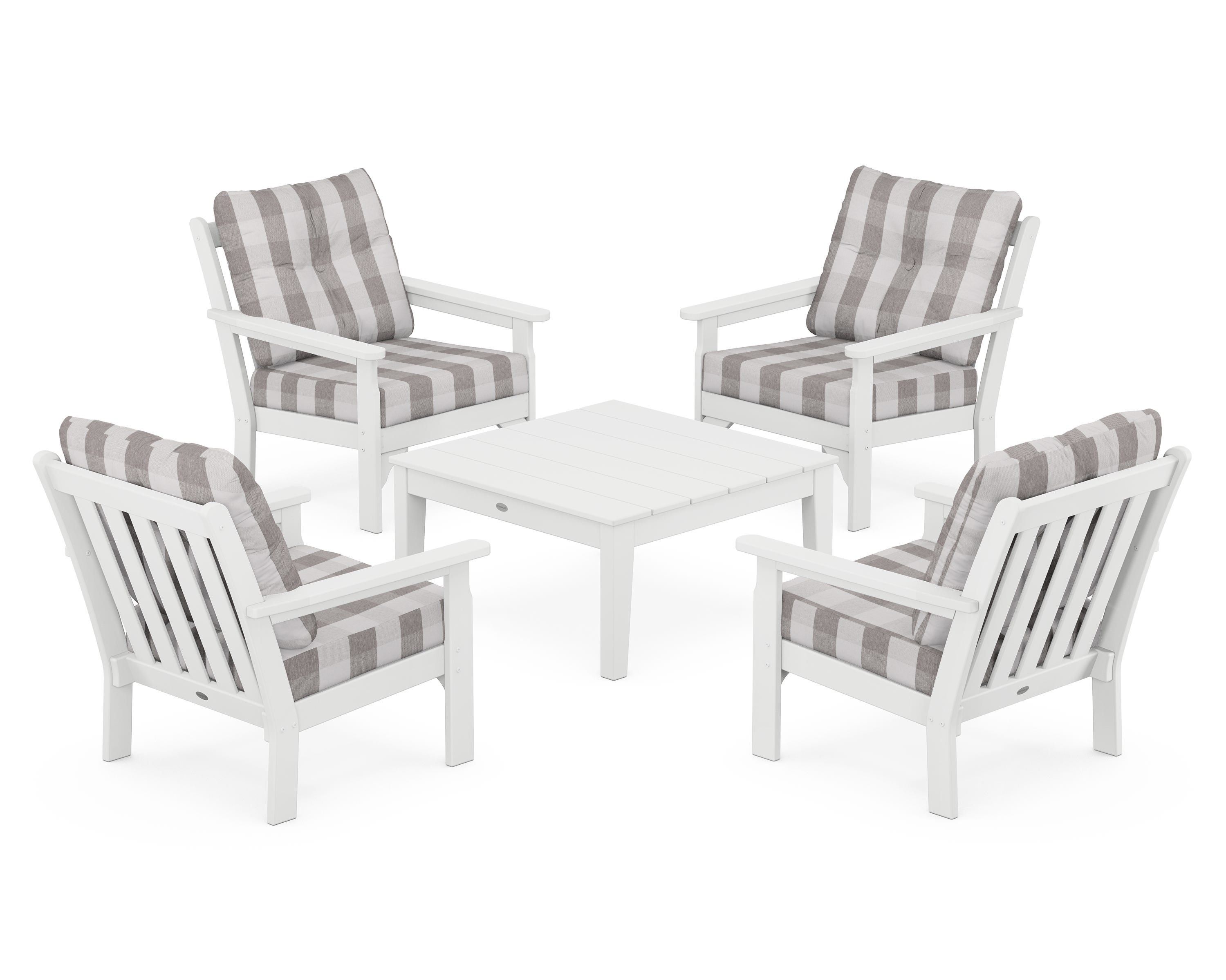 POLYWOOD® Vineyard 5-Piece Deep Seating Conversation Set in White / Buffalo Plaid Grey Mist