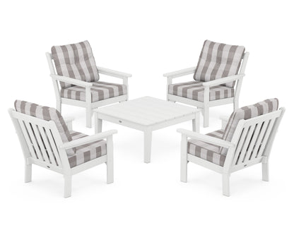 POLYWOOD® Vineyard 5-Piece Deep Seating Conversation Set in White / Buffalo Plaid Grey Mist