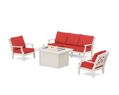 Martha Stewart by POLYWOOD® Chinoiserie Deep Seating Fire Pit Table Set in Sand / Crimson Linen