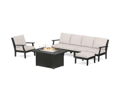 POLYWOOD® Braxton Sectional Lounge and Fire Pit Set in Black / Dune Burlap