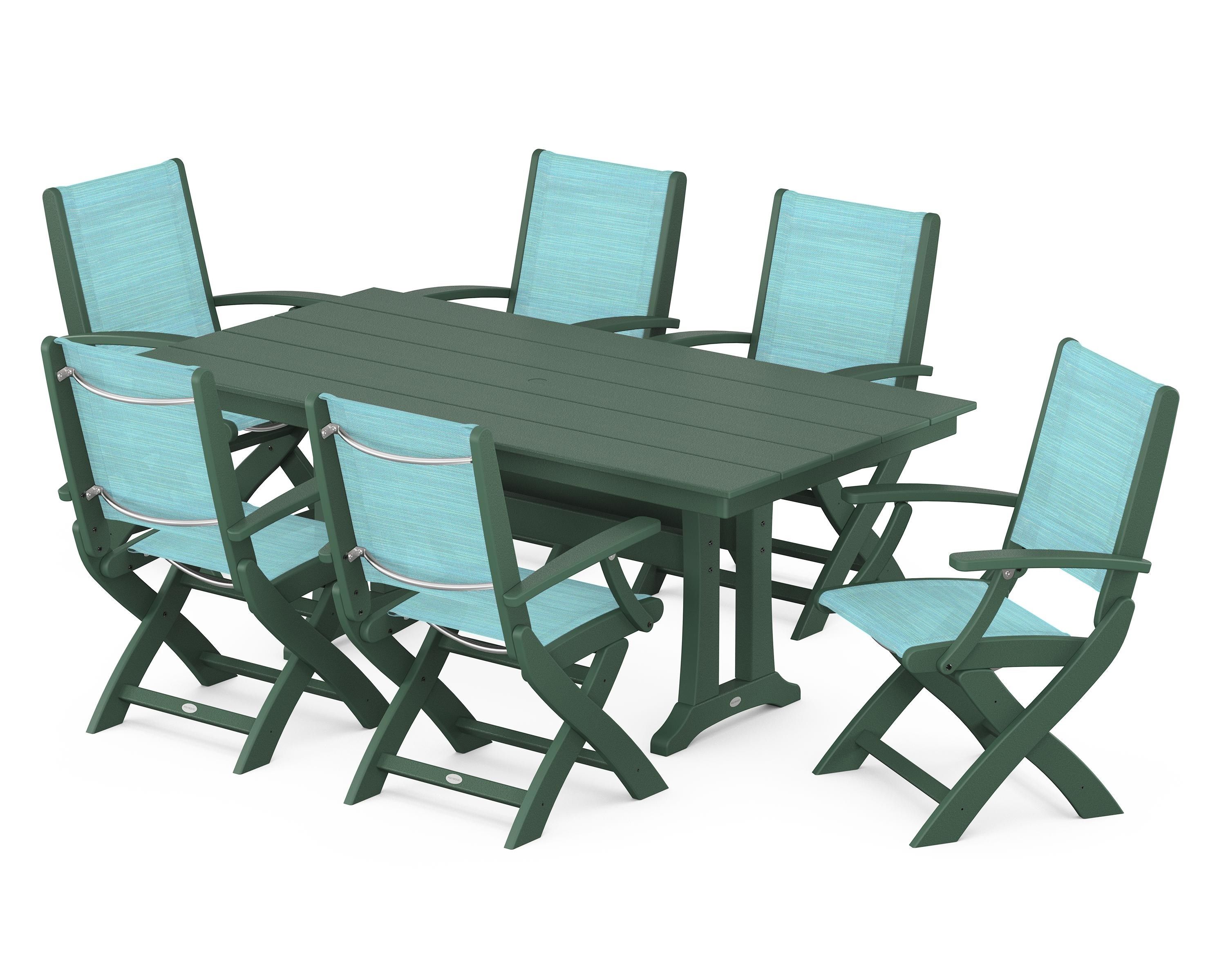 POLYWOOD® Coastal Folding Arm Chair 7-Piece Farmhouse Dining Set with Trestle Legs in Green / Dupioni Aquamarine Sling