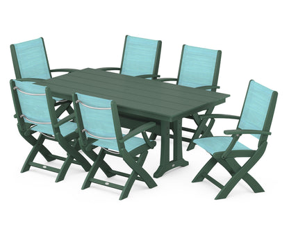 POLYWOOD® Coastal Folding Arm Chair 7-Piece Farmhouse Dining Set with Trestle Legs in Green / Dupioni Aquamarine Sling