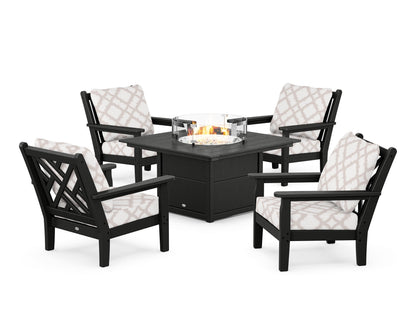 POLYWOOD® Chippendale 5-Piece Deep Seating Set with Fire Pit Table in Black / Trellis Dune Burlap
