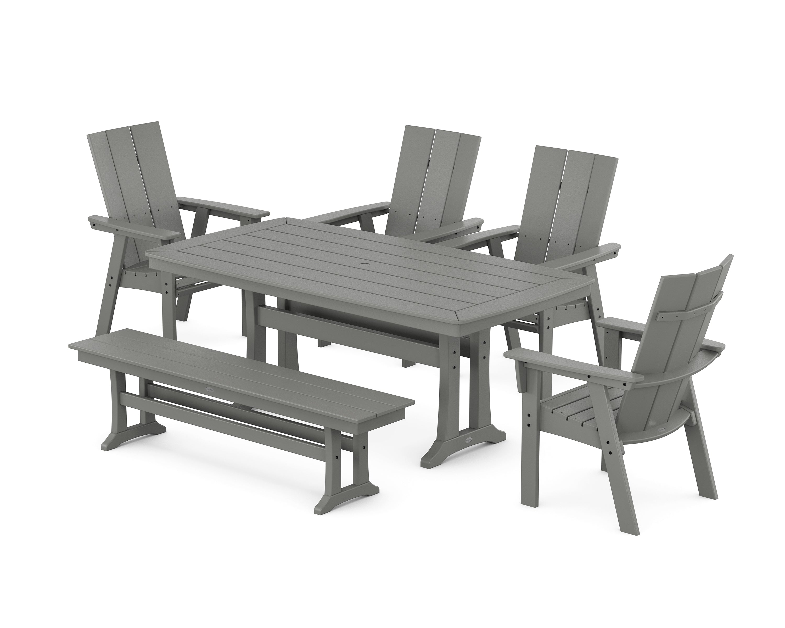 POLYWOOD® Modern Curveback Adirondack 6-Piece Farmhouse Dining Set with Trestle Legs and Bench in Slate Grey