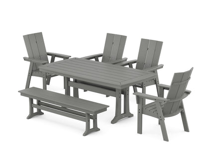 POLYWOOD® Modern Curveback Adirondack 6-Piece Farmhouse Dining Set with Trestle Legs and Bench in Slate Grey