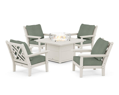 POLYWOOD® Chippendale 5-Piece Deep Seating Set with Fire Pit Table in Sand / Cast Sage