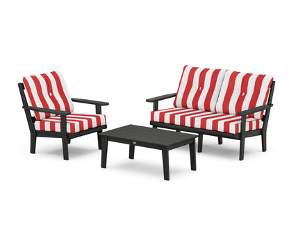 POLYWOOD® Prairie 3-Piece Deep Seating Set with Loveseat in Black / Cabana Stripe Crimson