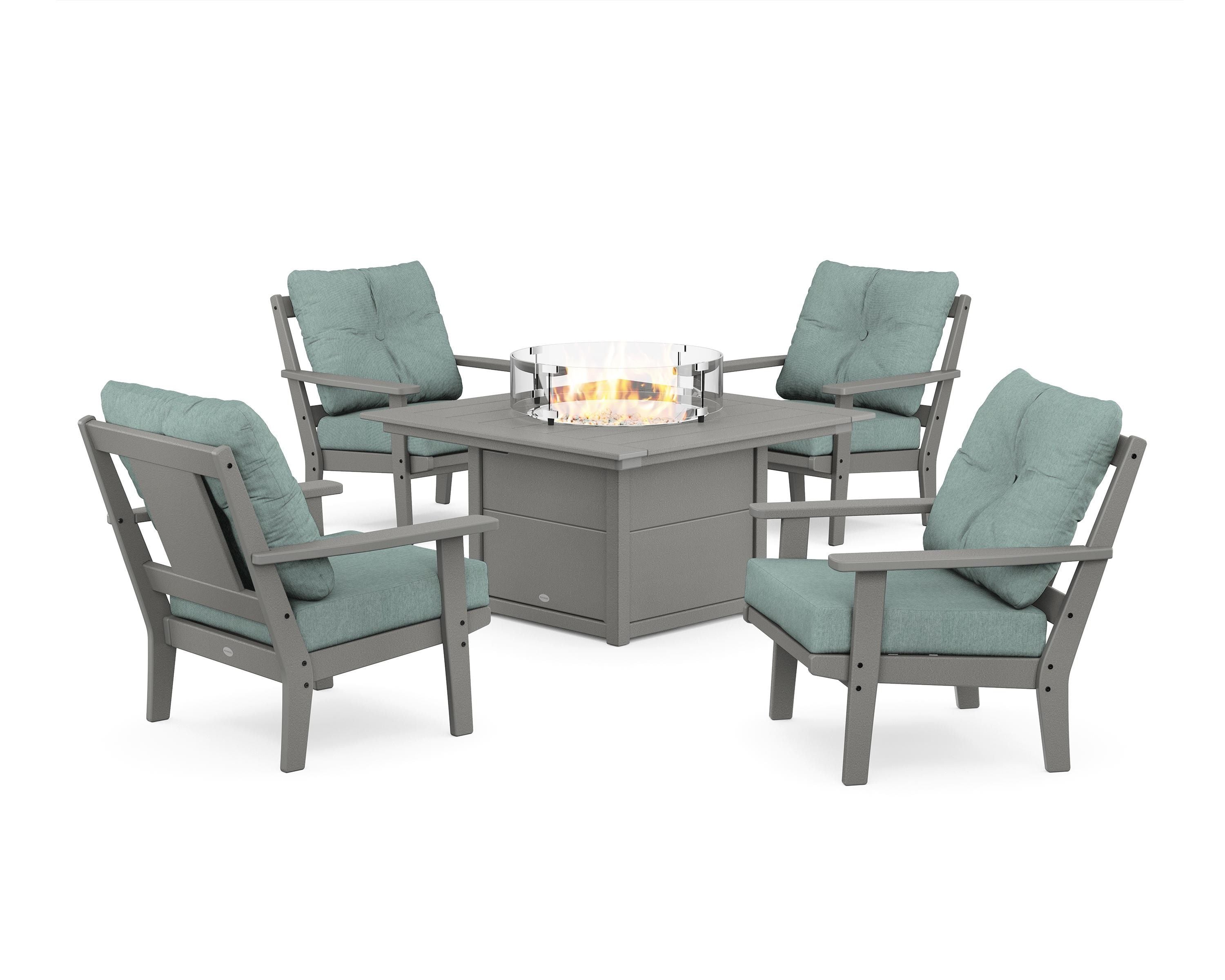 POLYWOOD® Prairie 5-Piece Deep Seating Set with Fire Pit Table in Slate Grey / Glacier Spa