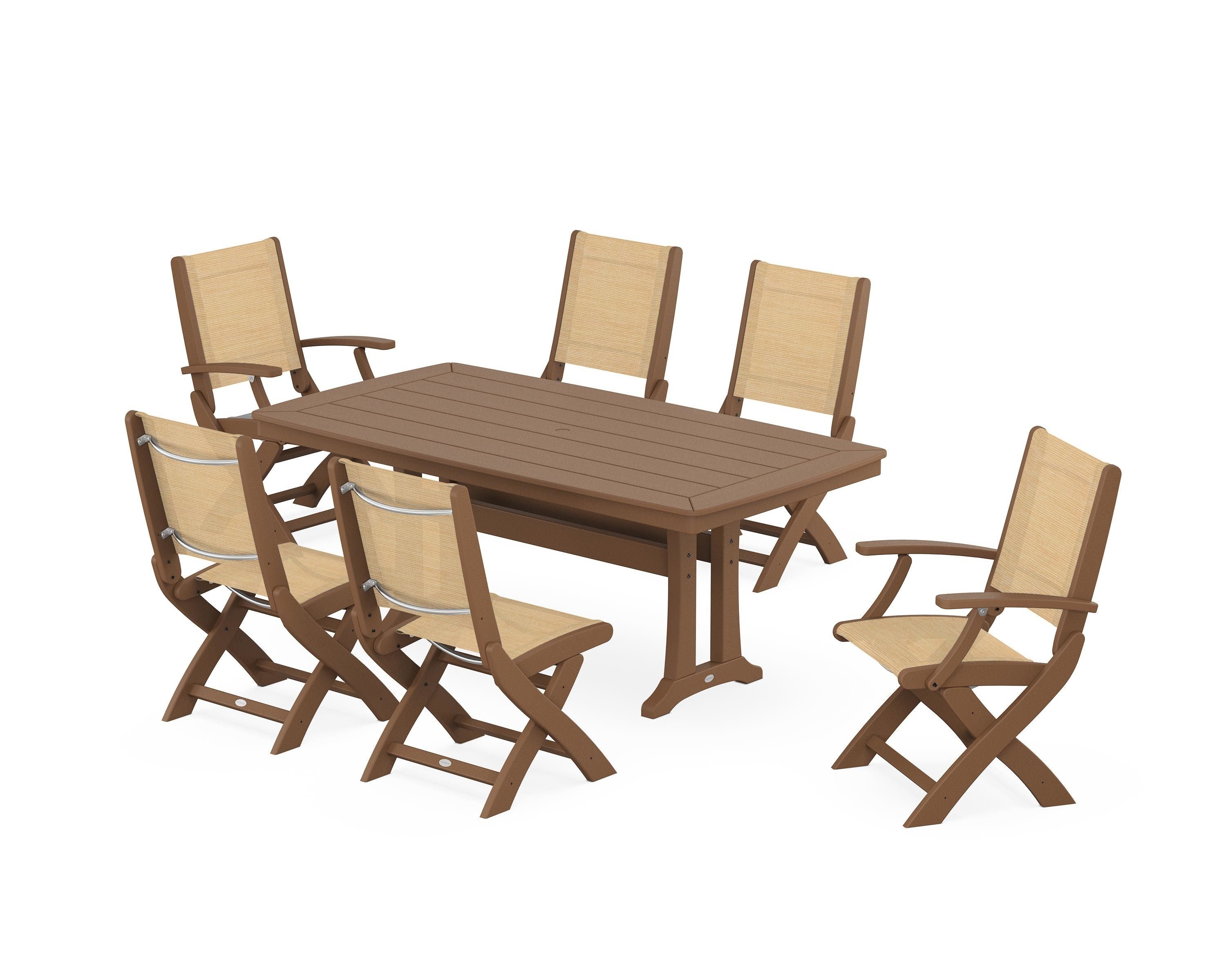 POLYWOOD® Coastal Folding Chair 7-Piece Dining Set with Trestle Legs in Teak / Dupioni Apricot Sling