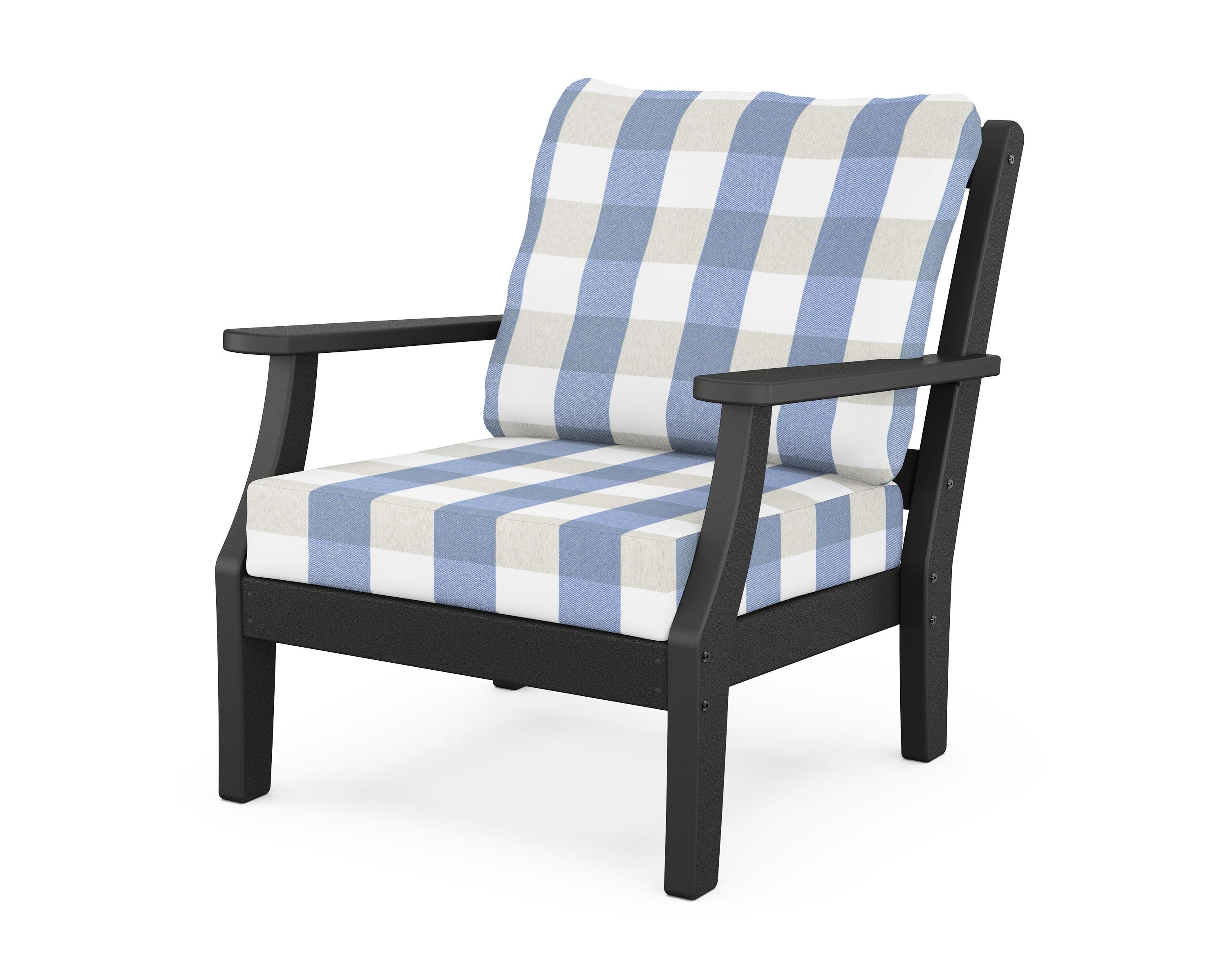 Martha Stewart by POLYWOOD® Chinoiserie Deep Seating Chair in Black / Buffalo Plaid Sky Blue