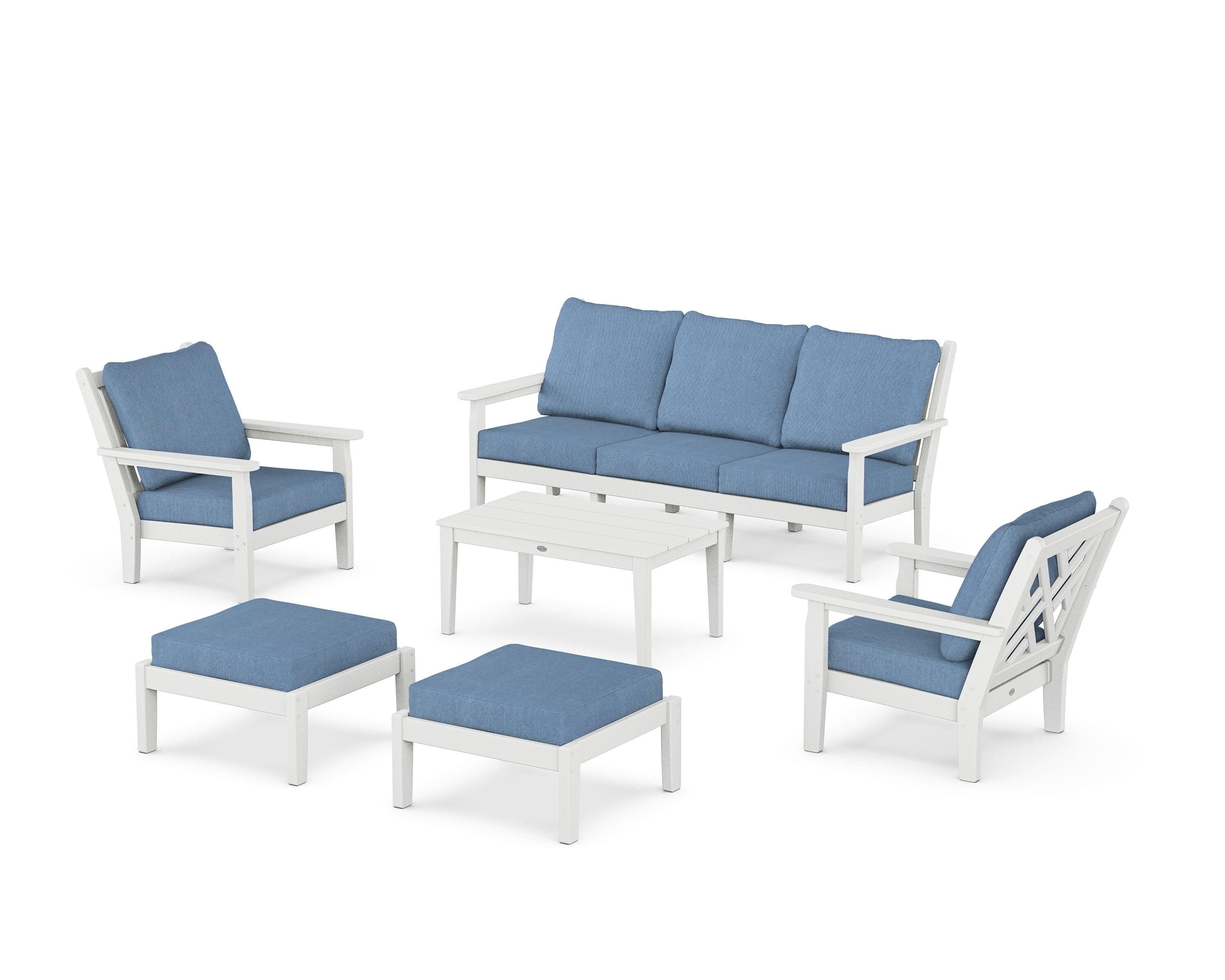 POLYWOOD® Chippendale 6-Piece Lounge Sofa Set in White / Sky Blue