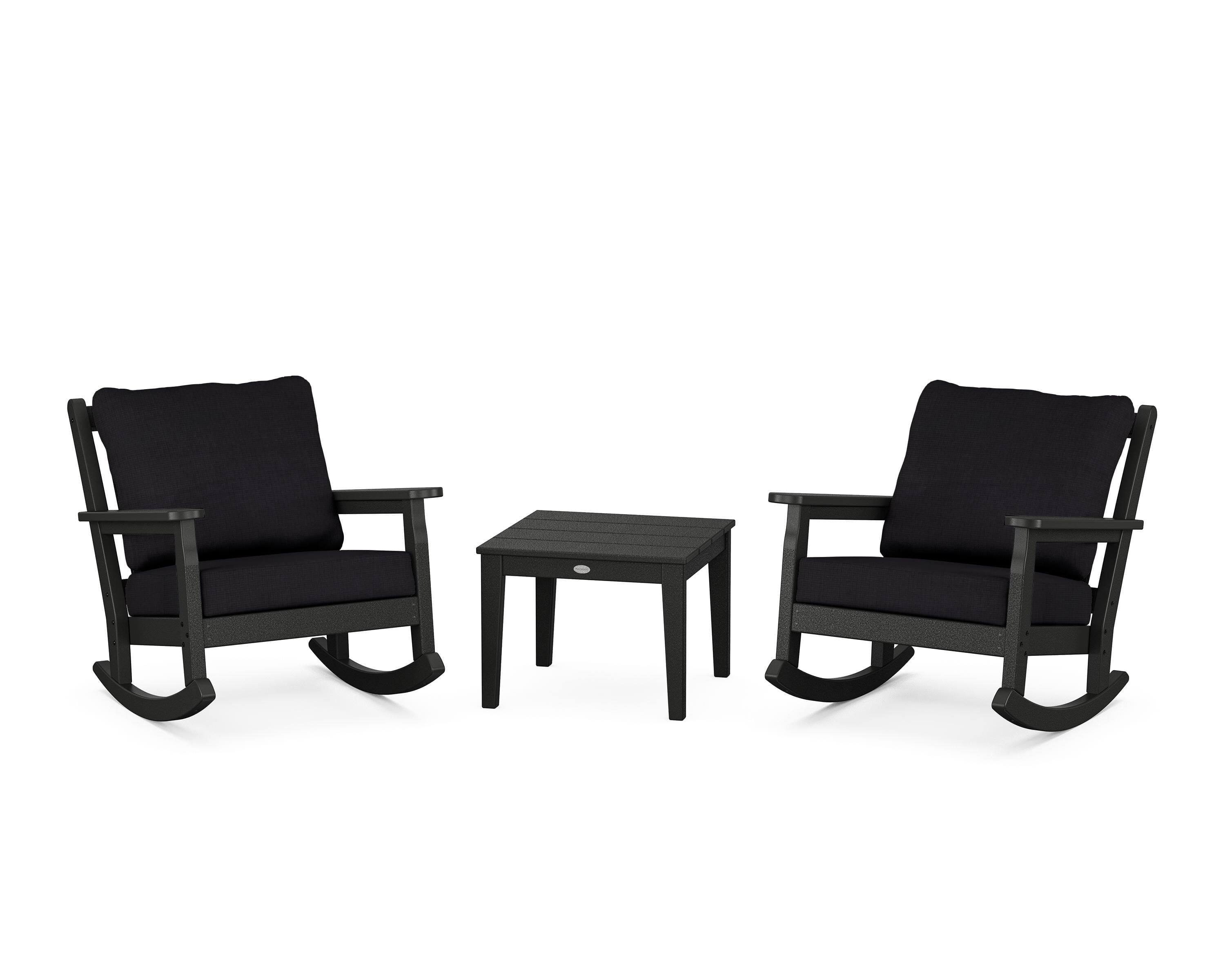 POLYWOOD® Chippendale 3-Piece Deep Seating Rocker Set in Black / Midnight Linen