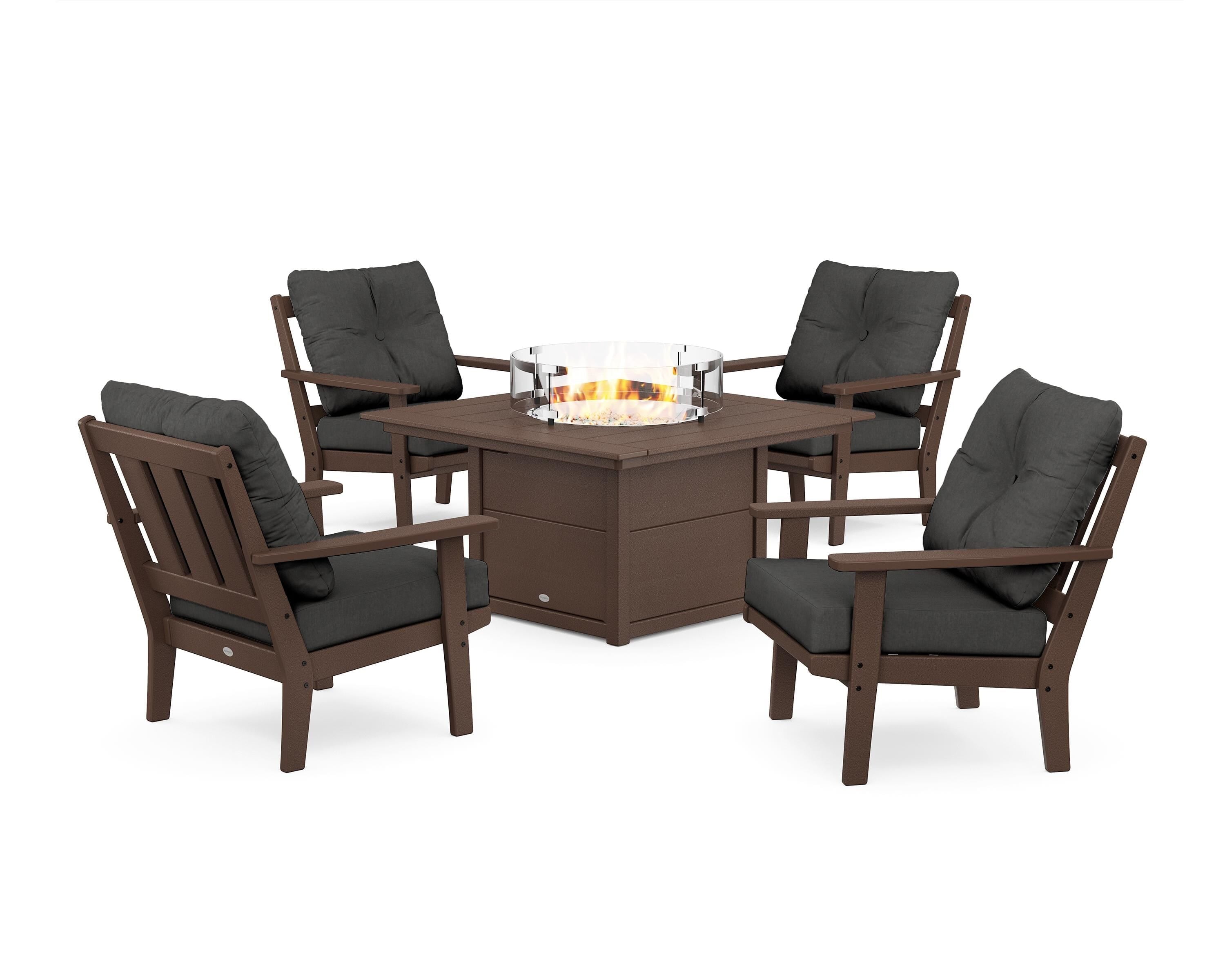 POLYWOOD® Oxford 5-Piece Deep Seating Set with Fire Pit Table in Mahogany / Spectrum Carbon