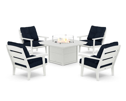 POLYWOOD® Lakeside 5-Piece Deep Seating Set with Nautical Fire Pit Table in White / Marine Indigo