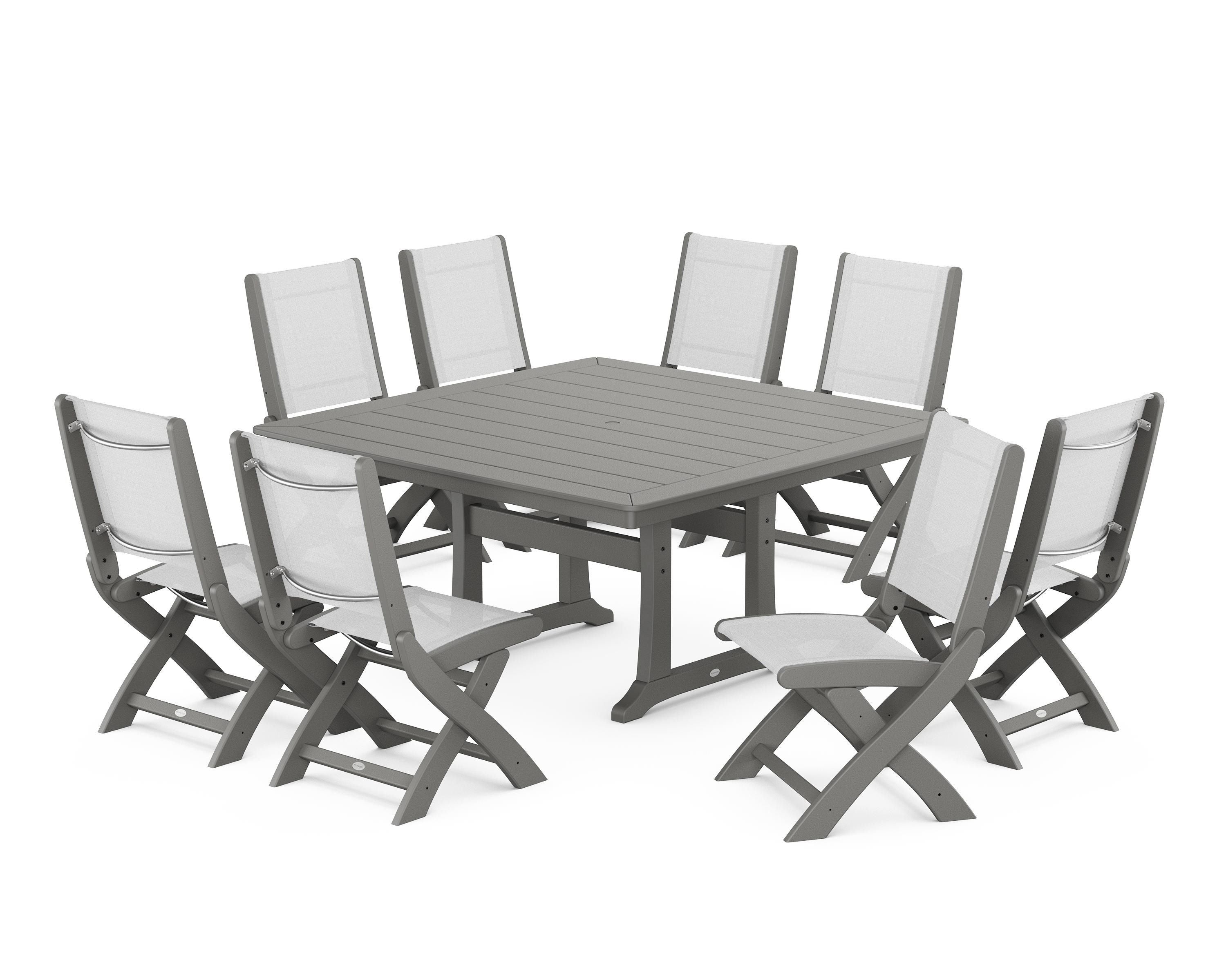 POLYWOOD® Coastal Folding Side Chair 9-Piece Dining Set with Trestle Legs in Slate Grey / White Sling