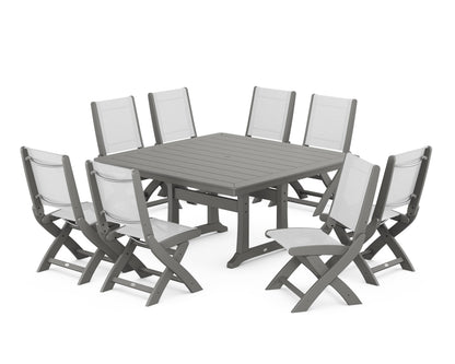POLYWOOD® Coastal Folding Side Chair 9-Piece Dining Set with Trestle Legs in Slate Grey / White Sling
