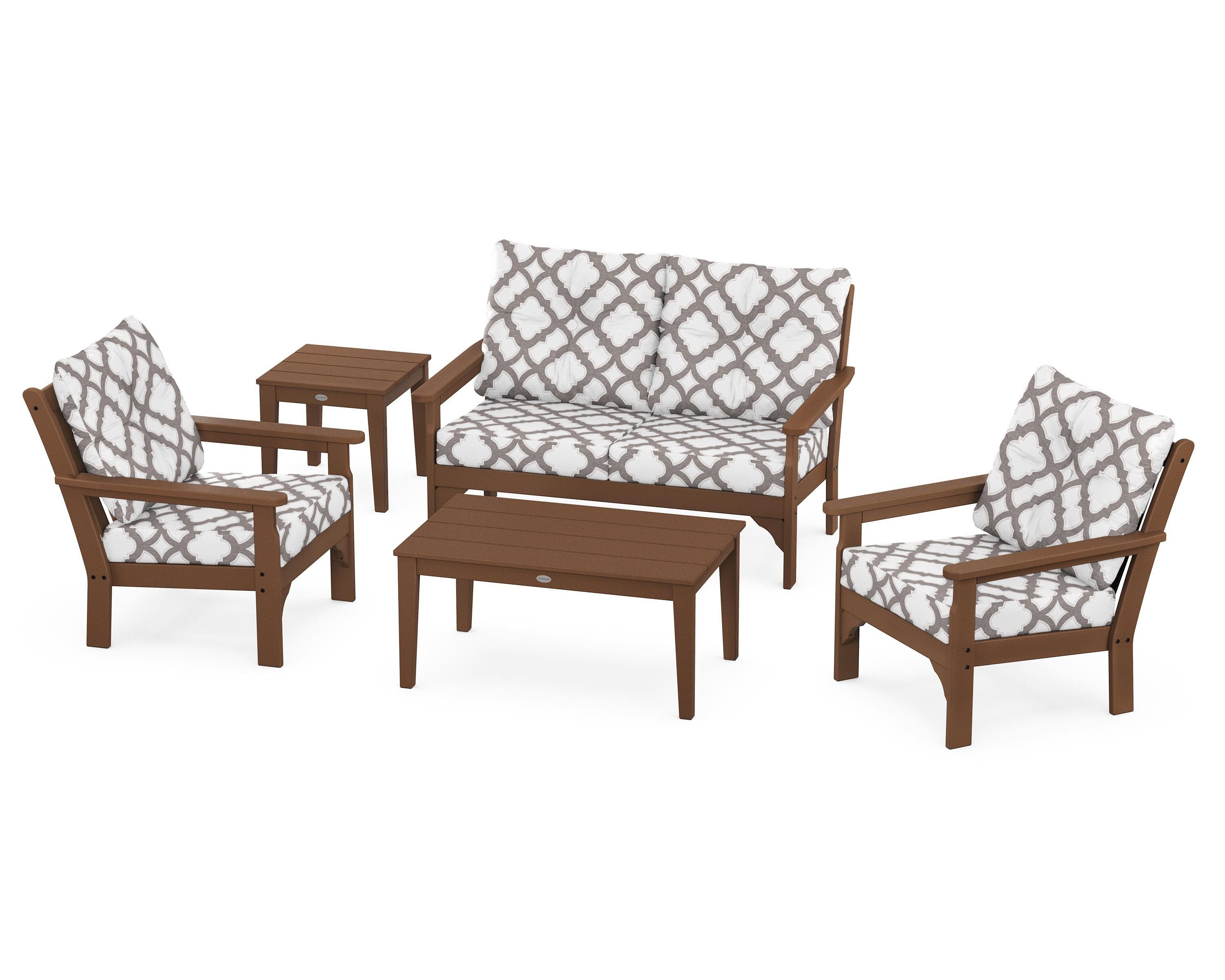 POLYWOOD® Vineyard 5-Piece Deep Seating Set in Teak / Trellis Grey Mist