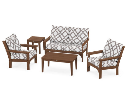 POLYWOOD® Vineyard 5-Piece Deep Seating Set in Teak / Trellis Grey Mist