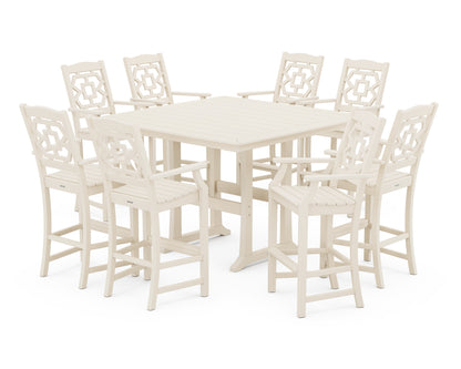 Martha Stewart by POLYWOOD® Chinoiserie 9-Piece Square Bar Set with Trestle Legs in Sand